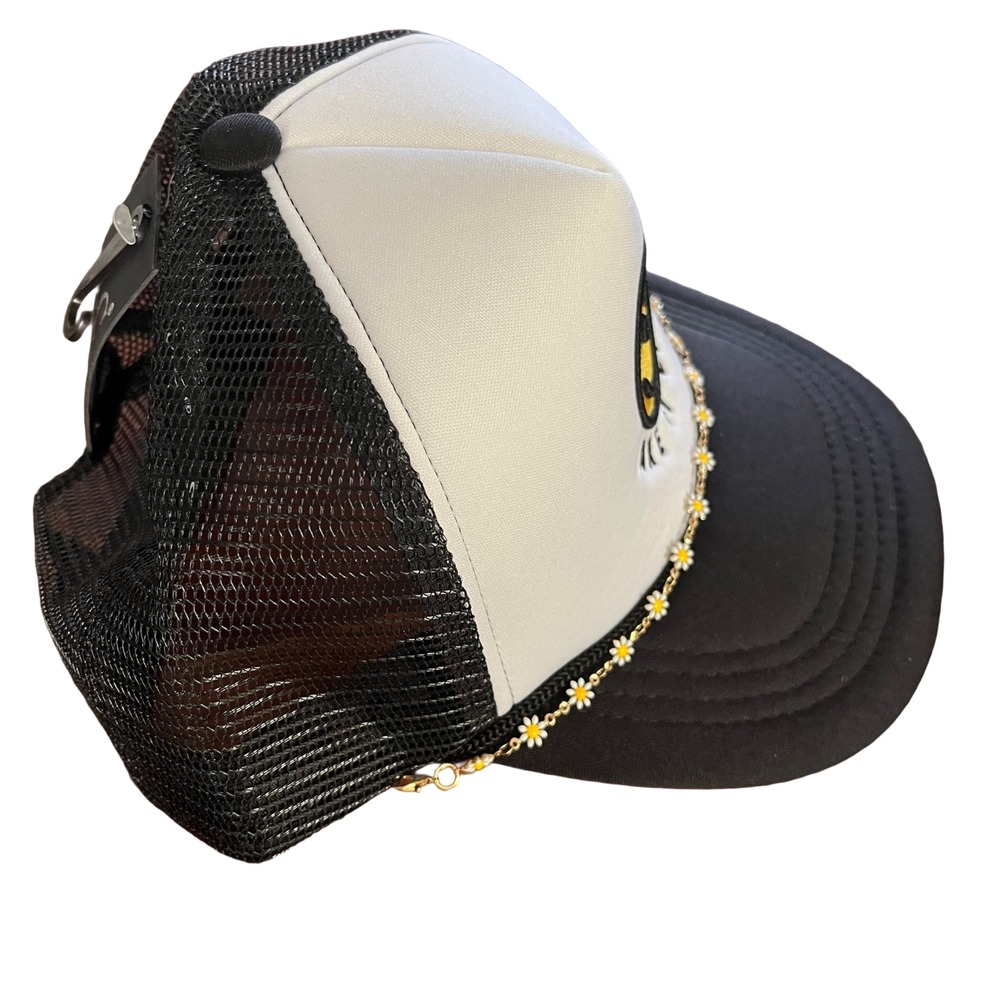 C.C. Smiley Face Trucker Hat Women‎ OS Black White NEW Daisy Chain Take It Easy - Picture 4 of 7